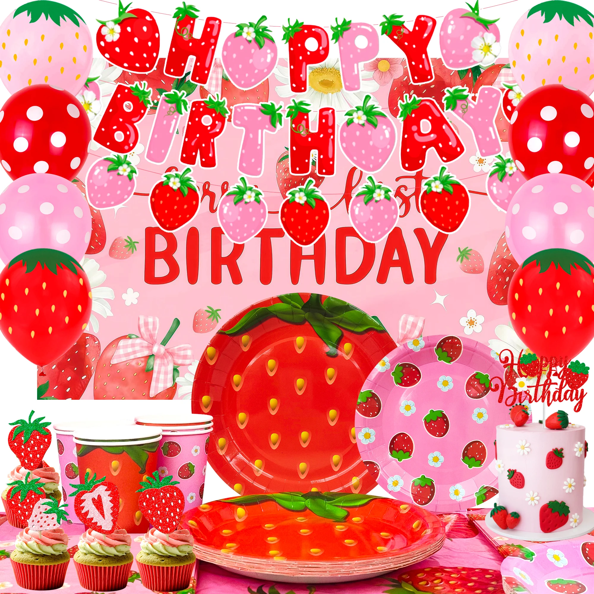 Set da 93 pezzi di decorazioni e articoli per la tavola a tema fragola: piatti di carta a forma di fragola, tovaglia, decorazioni per cupcake a tema fragola, ecc. Decorazioni per feste a tema fragola