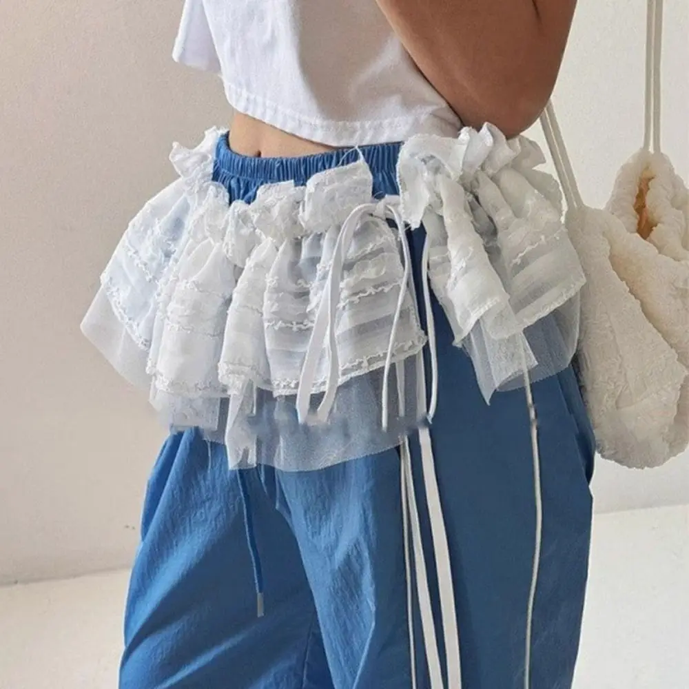 ใหม่ปักดอกไม้ลูกไม้กระโปรงมินิดูผ่าน Harajuku Lace Up Ruffles กระโปรง Y2K Streetwear ผ้าม่านกางเกงยีนส์ตกแต่ง