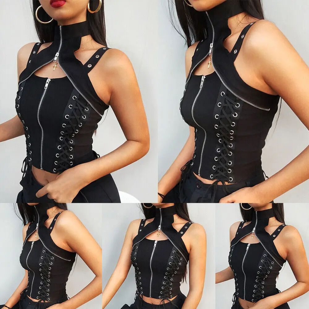 Sexy Lace Up Crop Tank Tops Gothic Punk Zipper Vest T-Shirt Camisole Tops