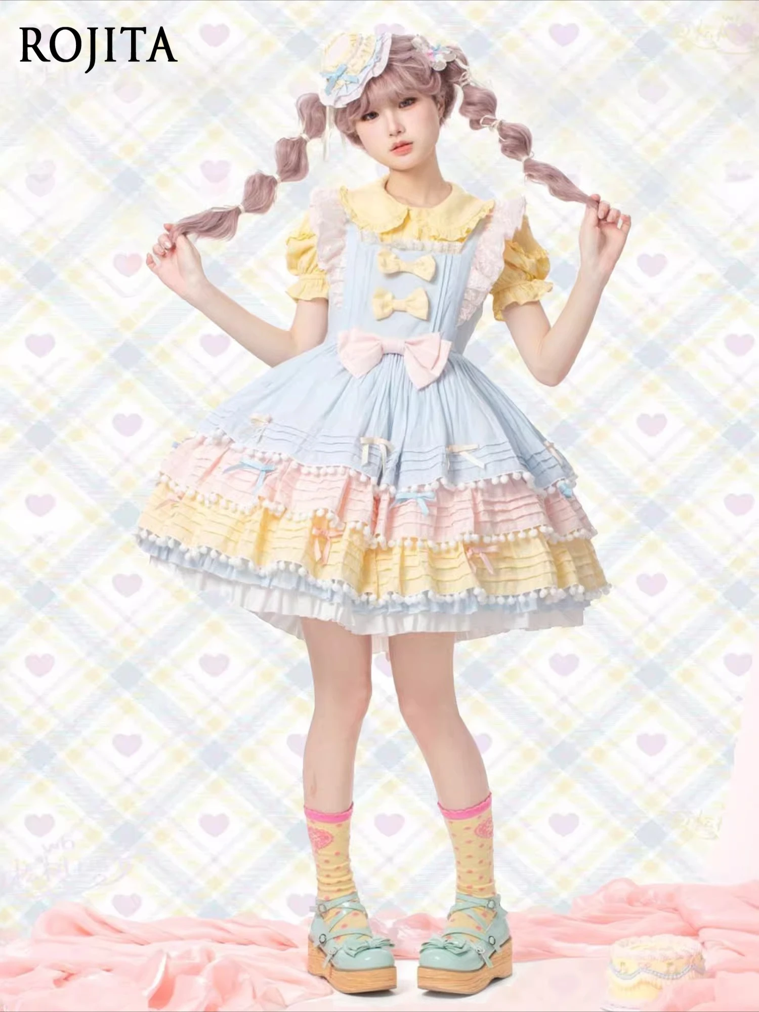 

Lolita Sweetheart Pastel Color Block Lolita Cake Dress Sweet Ruffle Tiered Pom Pom Trim JSK Candy Color Sleeveless Dress