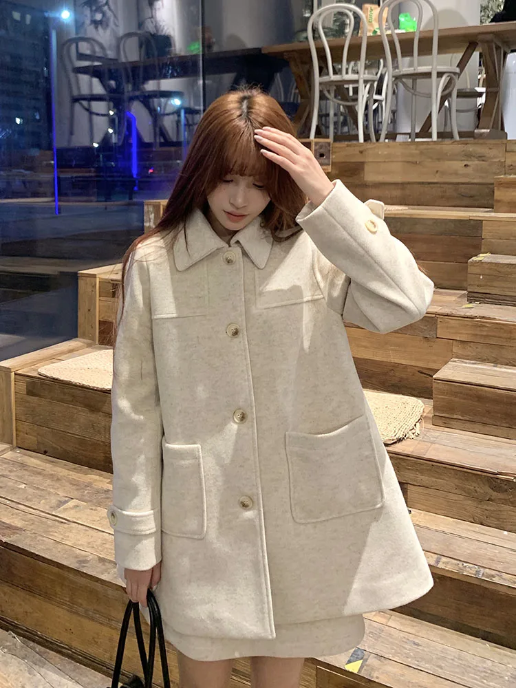 

Oaeal шерстяное пальто женское средней длины с отложным воротником зимнее модное корейское пальто из полиэфирного волокна Long Sve на одной пуговице