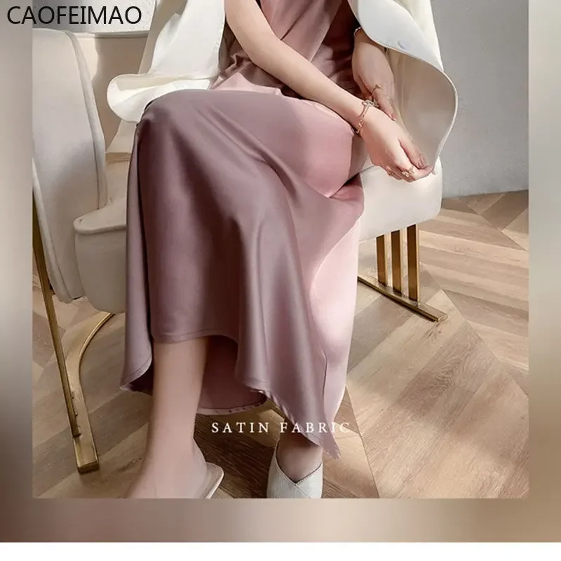 Caofeimao-女性用シルクノースリーブドレス,Vネック,スリム,セクシー,イミテーション,ロング,サマーファッション,2022