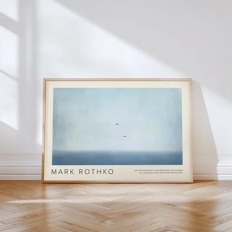 Arte de pared minimalista azul inspirado en Rothko, póster de cielo sereno y pájaros | Impresión abstracta para dormitorio, oficina, entrada, salón R