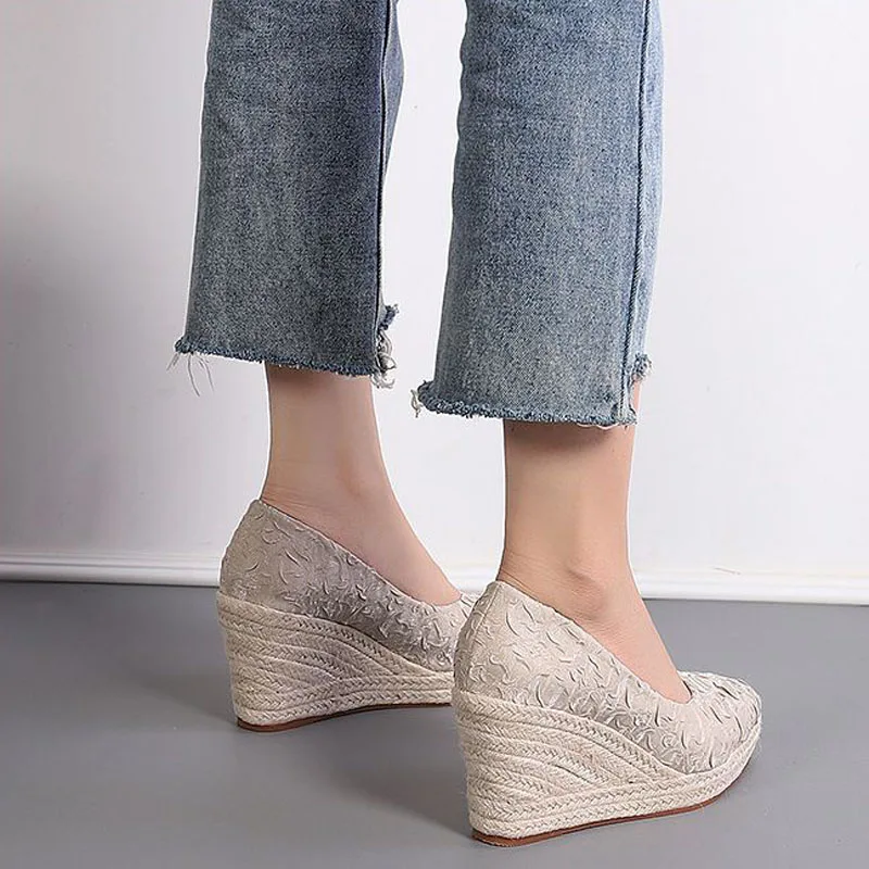 Women Shoes Vintage Hemp Wedge Pumps Pointed Toe Casual Lady 8cm High Heel Slip-on Walking Shoes Closed Toe Espadrilles WSH5155
