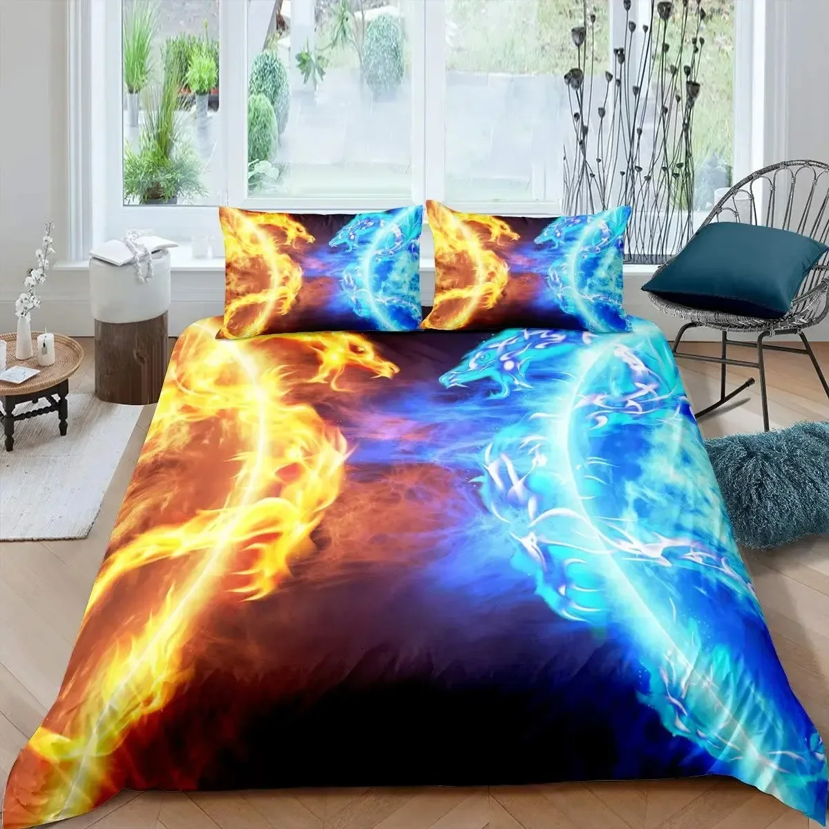 

Ice Fire Dragon Duvet Cover Set for Boys Oriental Beast Bedding Set Eastern Auspicious Animals Fairy Tale Comforter Cover