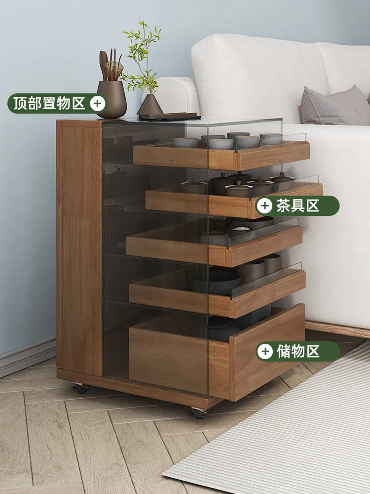 Solid wood tea table shelf tea set storage tea table display cabinet sofa side table corner  removable side cabinet