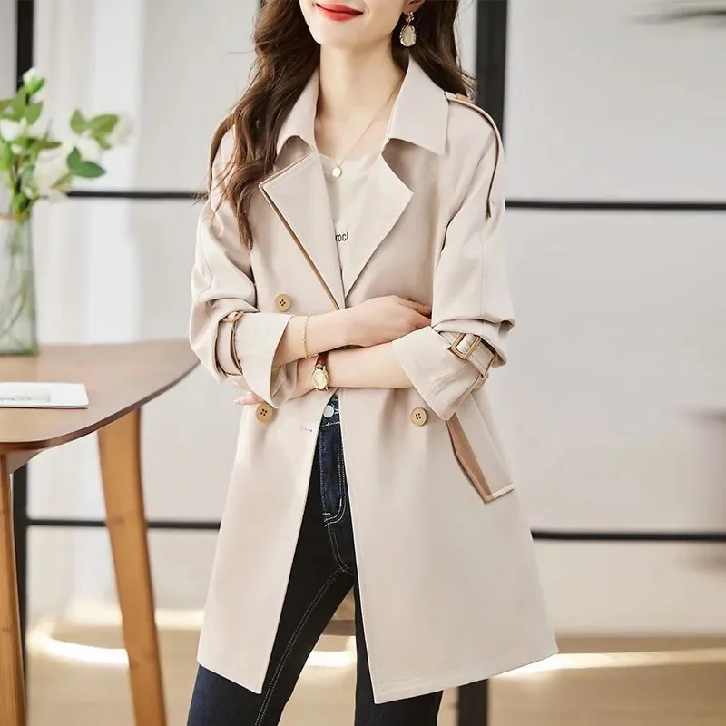 Spring Autumn Women Windbreaker Korean New Double Breasted Mid Length Lined Trench Coat Elegant Ladies Office Female Outerwear