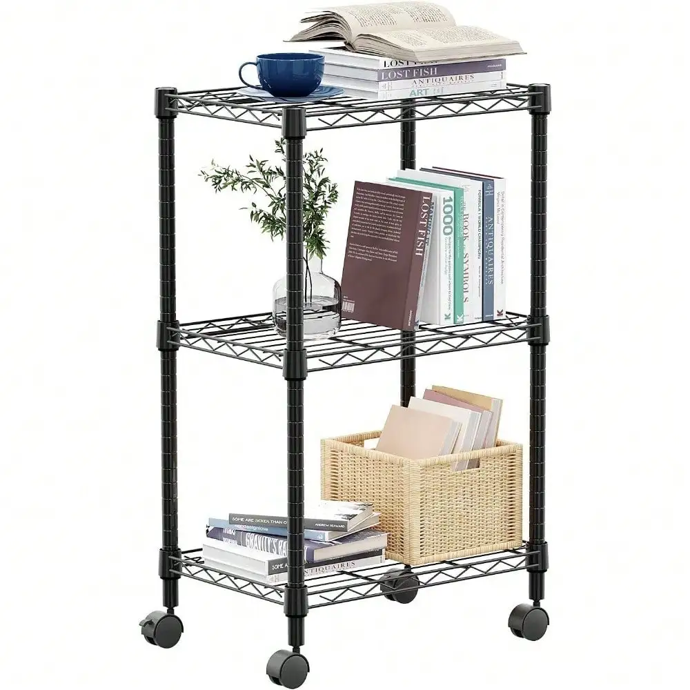 

3 Tier Metal Wire Shelving Rolling Organizer Wire Carbon Steel Rack With Wheels