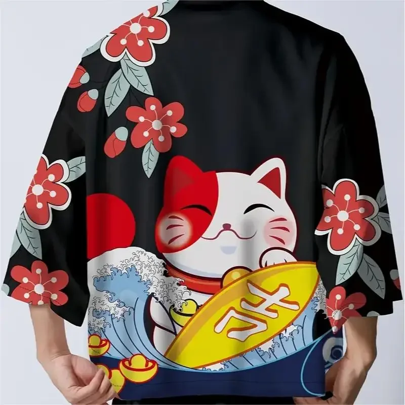 Trendy 3D Lucky Cat Koi Fish Print Haori Kimono Cardigan 1/2 Sleeve Open Front Japanese Yukata Summer Casual Unisex Streetwear