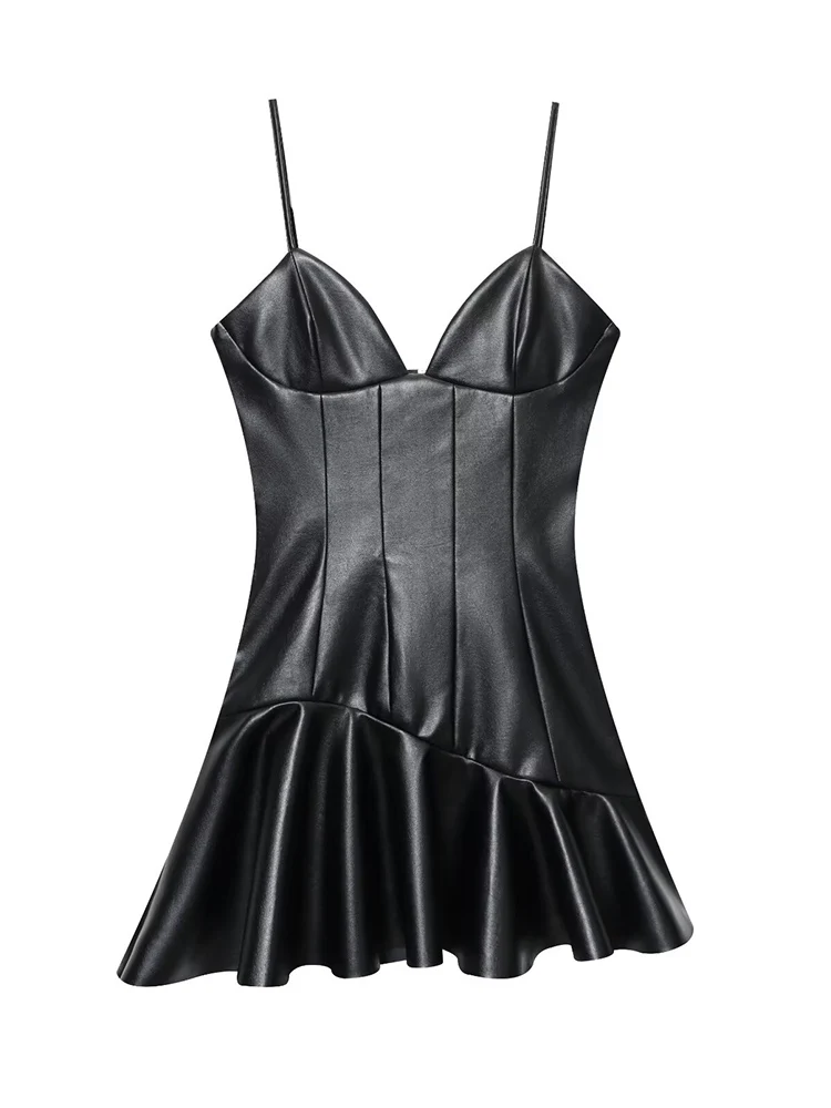 TFMLN mode femmes en cuir fronde Mini robe sans manches dos nu Club fête robes courtes Chic ourlet à plusieurs niveaux Sexy robe en polyuréthane