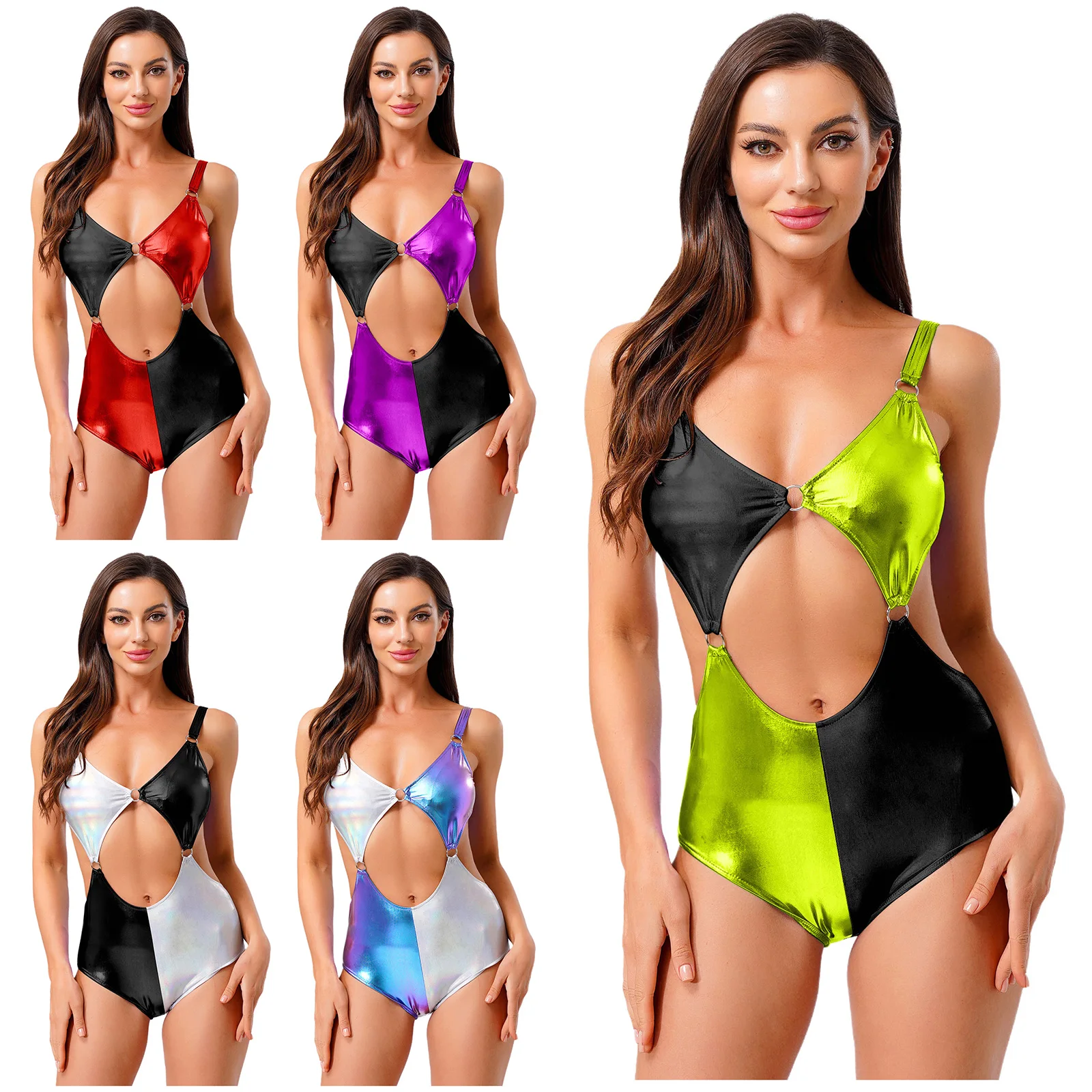 المرأة لامعة انقطاع القطب الرقص ارتداءها أكمام الجوف خارج O-حلقة مرتبطة حبال يوتار قطعة واحدة ملابس السباحة كلوبوير