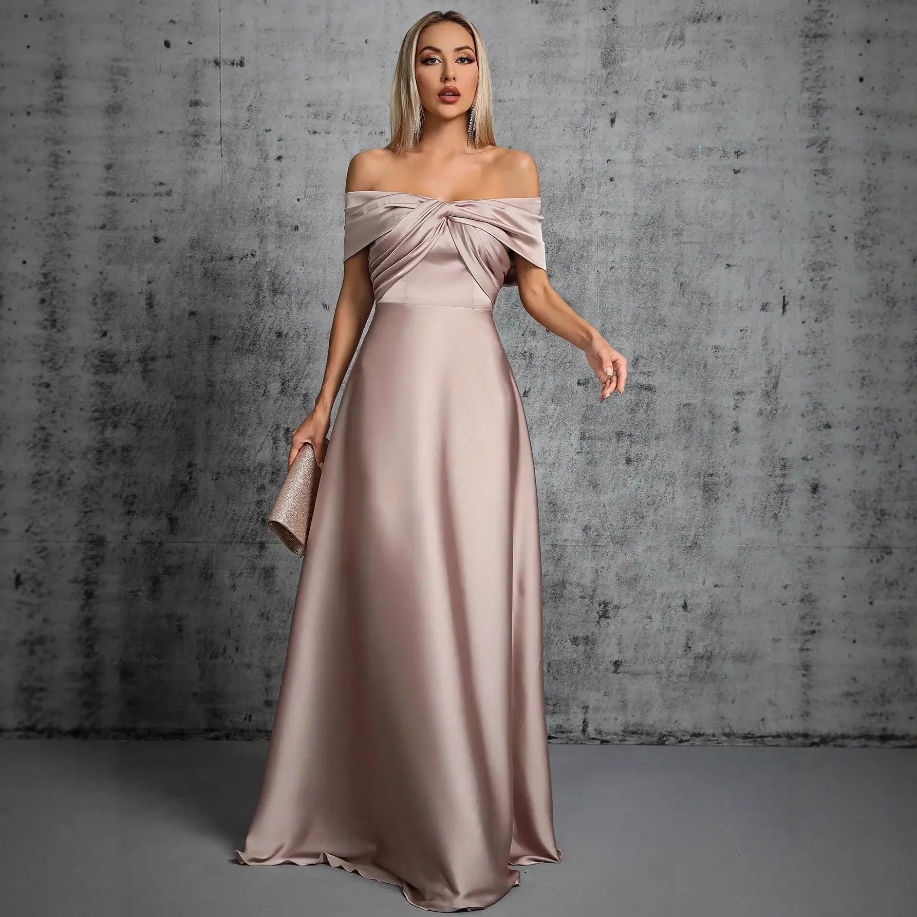 Abito formale da sera classico a trapezio con spalle scoperte senza maniche pieghe in raso lungo ballo di fine anno abiti da festa gala Robe De Soiree