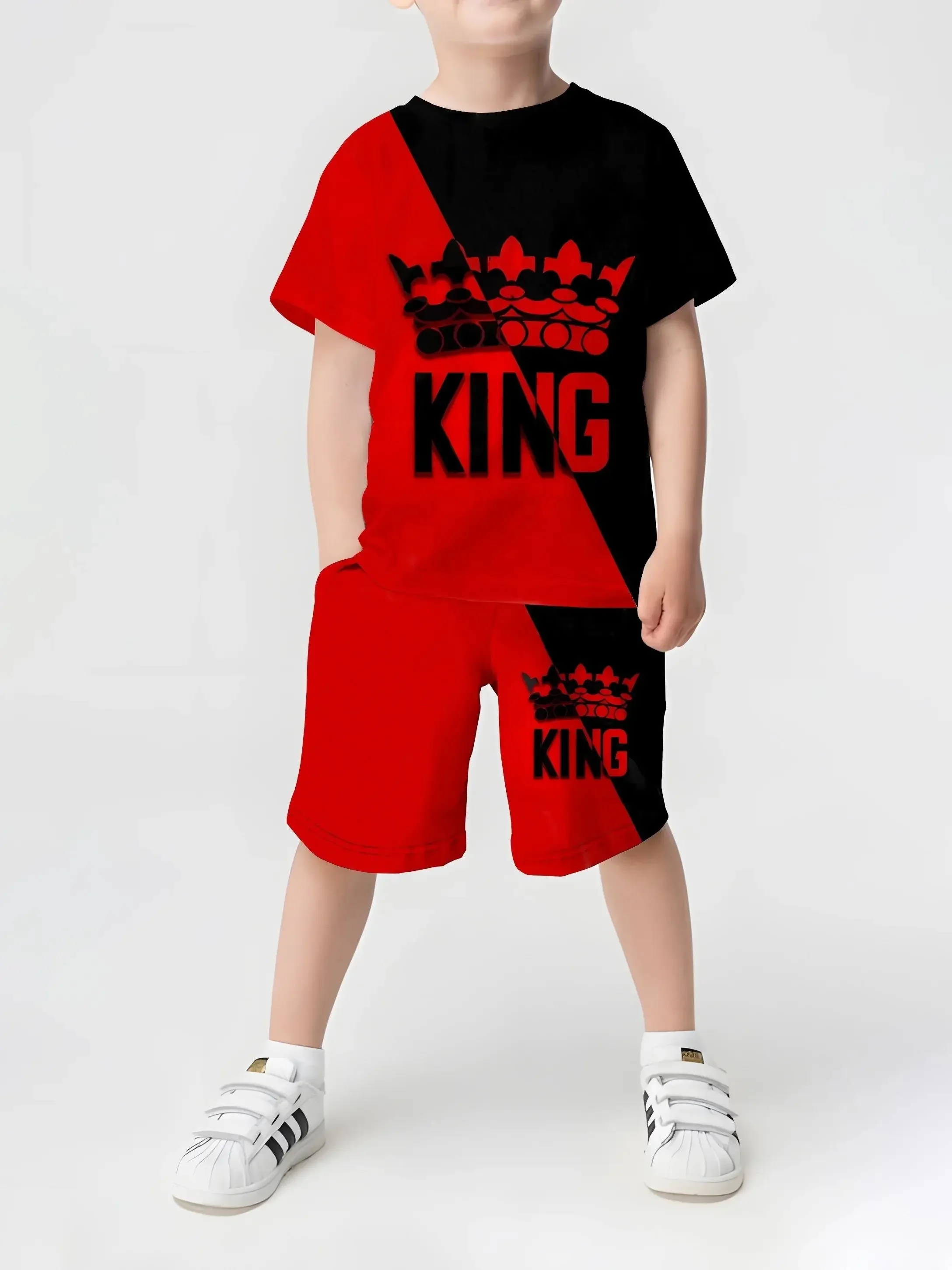 

2025 Summer Casual Round Neck Children's New Children's Set Girls' Summer Set Short Sleeve T-shirt Boys' Shorts 3D Crown Printed