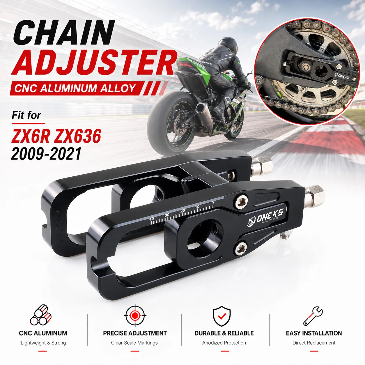 Motorcycle CNC Chain Adjuster Axle Block Rear Wheel Alignment Tensioner For KAWASAKI ZX6R ZX636 2009-2021