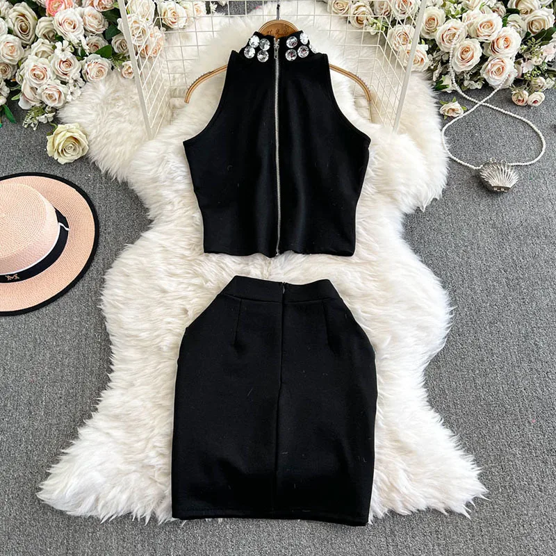 Sexy Sparkling Crystal Vest top Bandage Mini Skirts Women Decoration Bodycon Luxury Party Evening Club Skirt Two piece sets