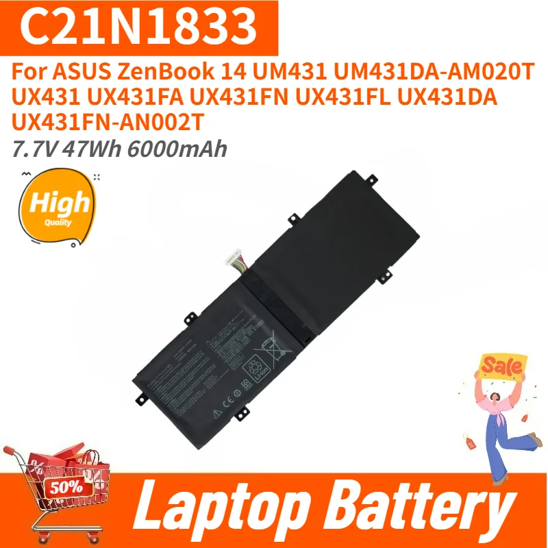 High Quality 7.7V 47Wh 6000mAh Laptop Battery C21N1833 For ASUS ZenBook 14 UM431 UM431DA-AM020T UX431FN UX431FL UX431 UX431FA