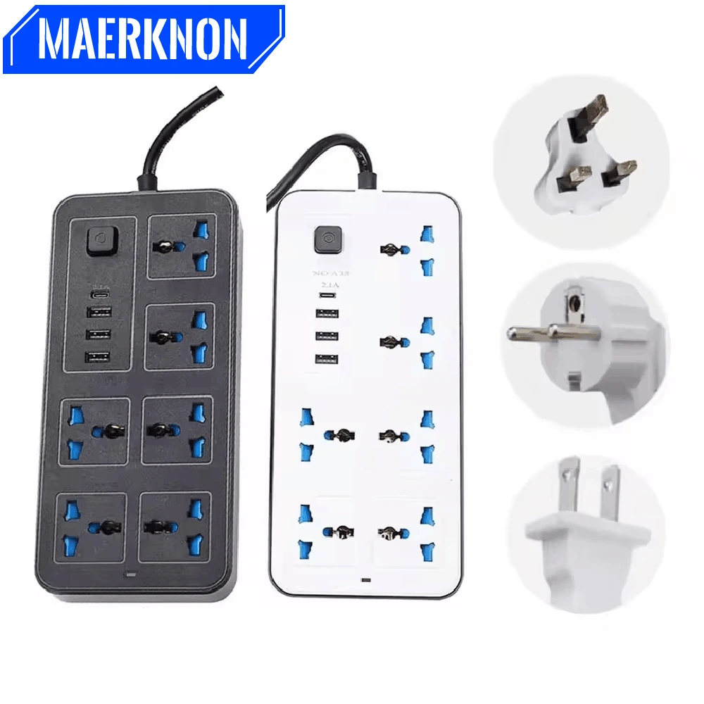 Power Strip Universal EU US UK Plug Electric Socket With 2m Extension Cable Type C USB Ports Charge AC Power Multi Tap Outlets