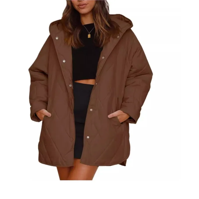 Cappotto da donna con cappuccio regolabile caldo e allentato, maniche lunghe, monopetto, prese d'aria laterali sull'orlo, giacca con tasca, cappotto nuovo chic primaverile