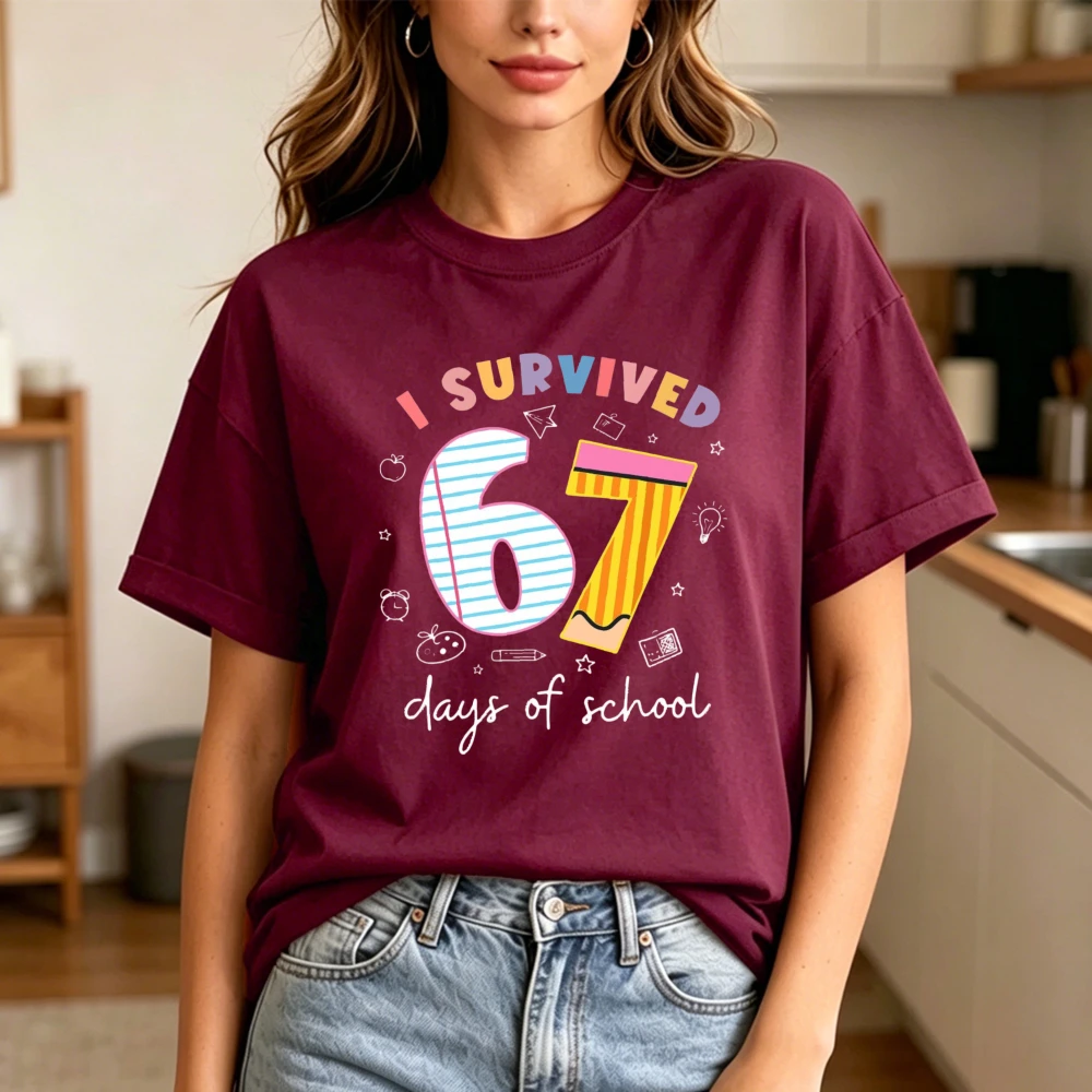 I Survived 67 Days Of School Women T-Shirt Casual Cotton tee Summer Fashion Harajuku Aesthetic Top For Teachers Students Gift