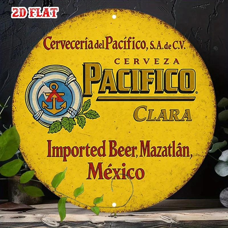 Letrero de Madera Vintage 2D Plano de la Cervecería del Pacífico, Decoración Retro para Bar de Cerveza Mexicana, Placa Redonda Rústica con Estética de Mazatlán Importada
