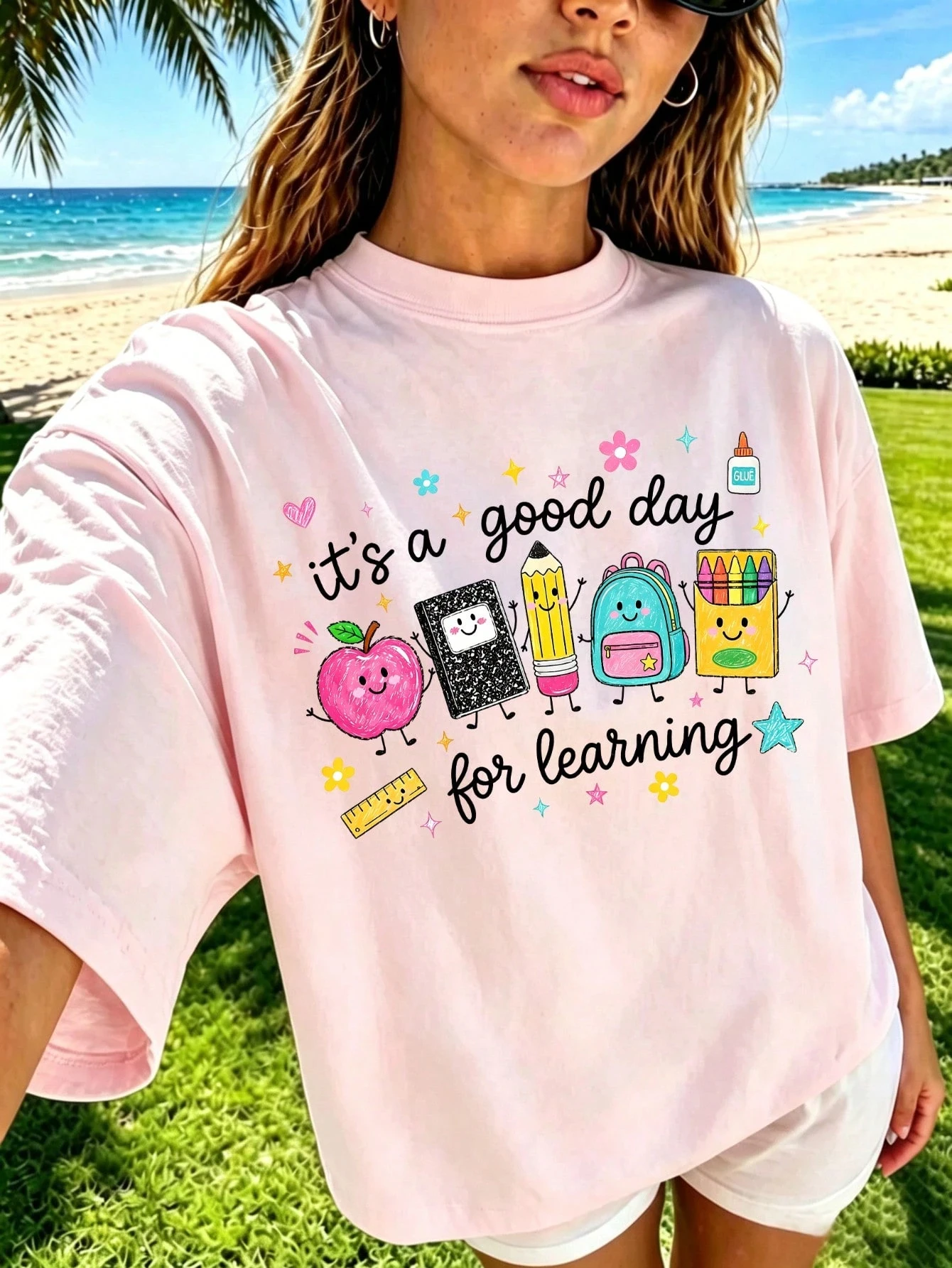 New Fashion School Day Mood Life Back To School Season Crayon Apple Pencil Notebook Printed Men's and Women's Round Neck T-shirt