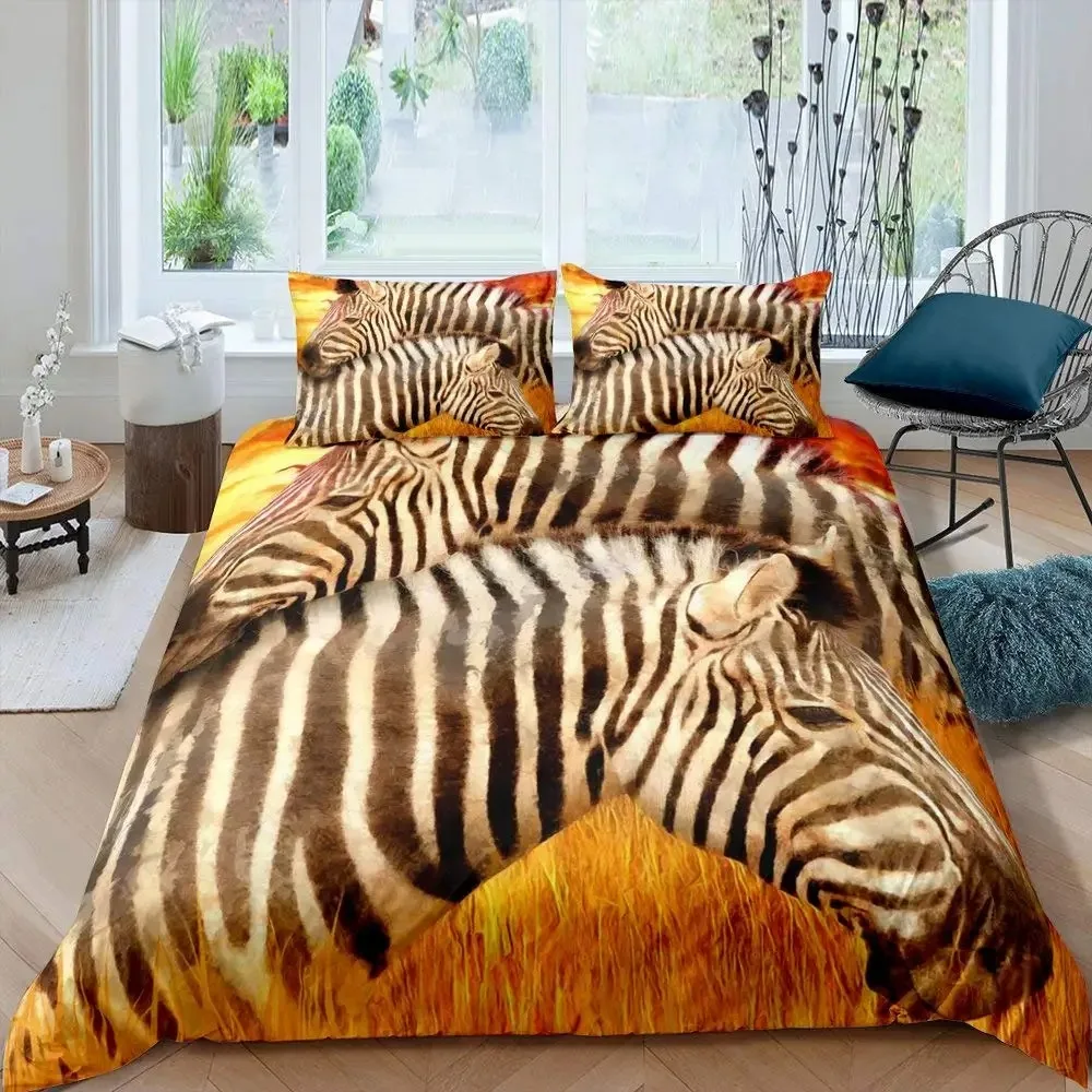 

Zebra Print Bedding Set, Striped Zebra Animal Print Decorative Quilted 2/3 Piece Comforter Cover with Pillow Shams, King Size