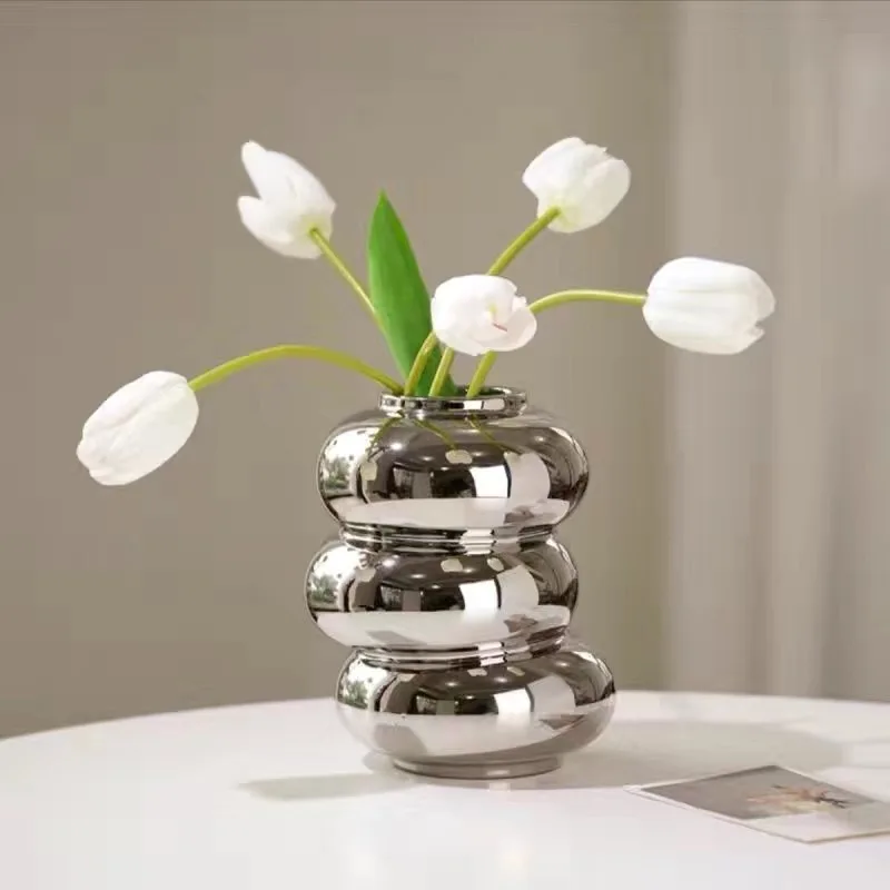 Bild 3: Nordische Silberne Vase Kreative Keramik-Blumenvasen Kunstvoller Blumenarrangement-Behälter Moderne Wohnzimmerdekoration Geschenkideen