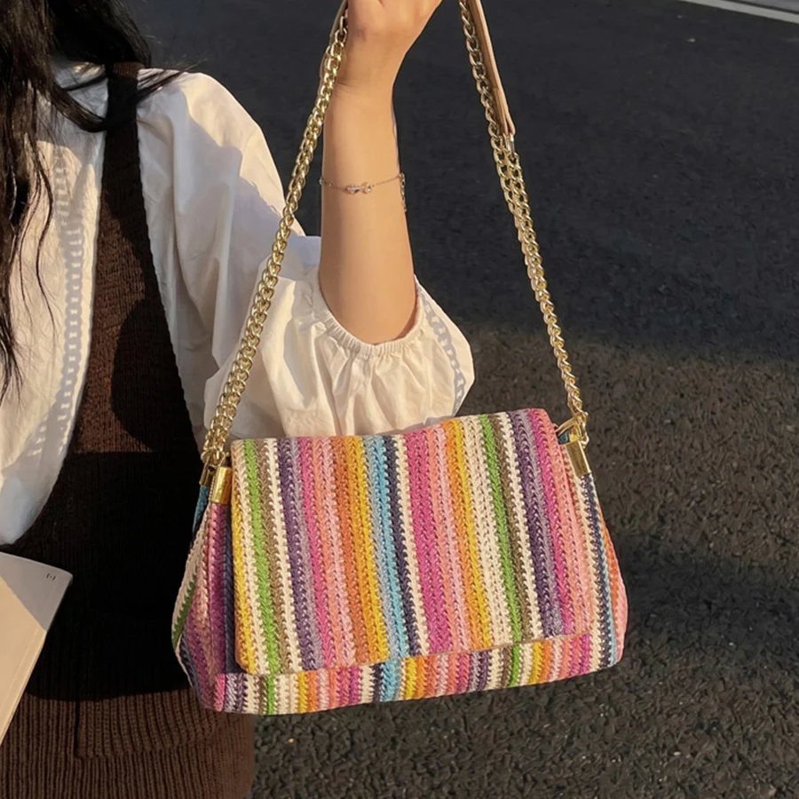 

Rainbow 2026 Summer Women's Flip Crossbody Bag Trendy Woven Chain Women's Bag Snap Closure Simple Casual Daily Shopper Bag Bols