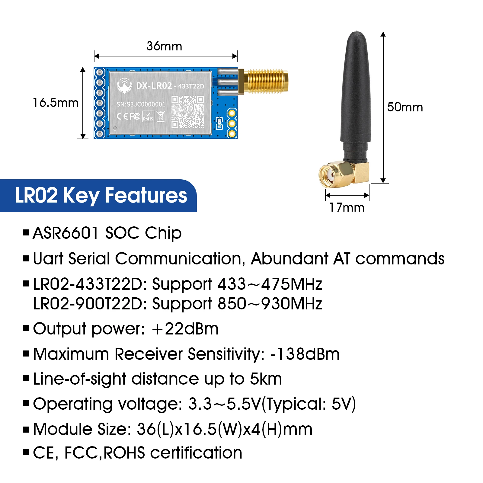 LoRa Module LRO2 DEV Kit ASR6601 868Mhz 915Mhz 433 475Mhz Wireless Long Range 8km Spread Spectrum Transmission