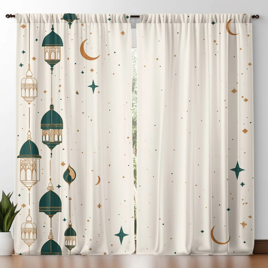 2PCS Digital Print Curtains, Teal Lantern Polka Dots Pattern, Bohemian Living Room Decor Vintage Lamp Style Cozy Bedroom Drapes