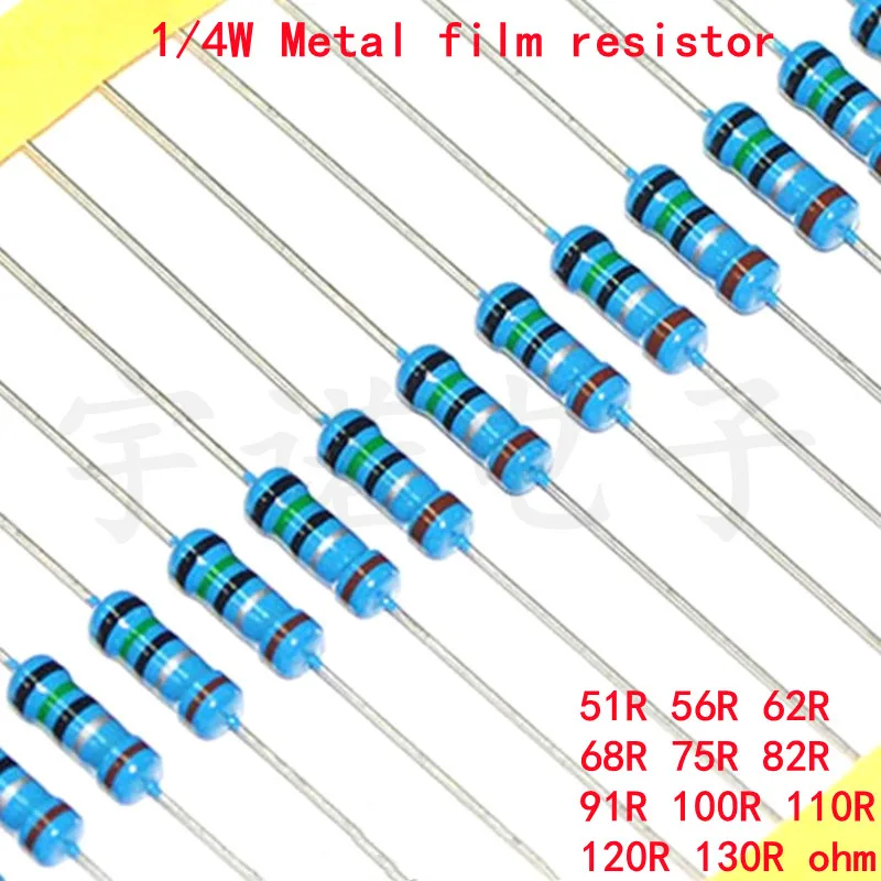 100 pièce 1/4W Résistance de Film Métallique 1% Précision 51R 56R 62R 68R 75R 82R 91R 100R 110R 120R 130R Ohm Bonne Qualité 62 68 75 82 91