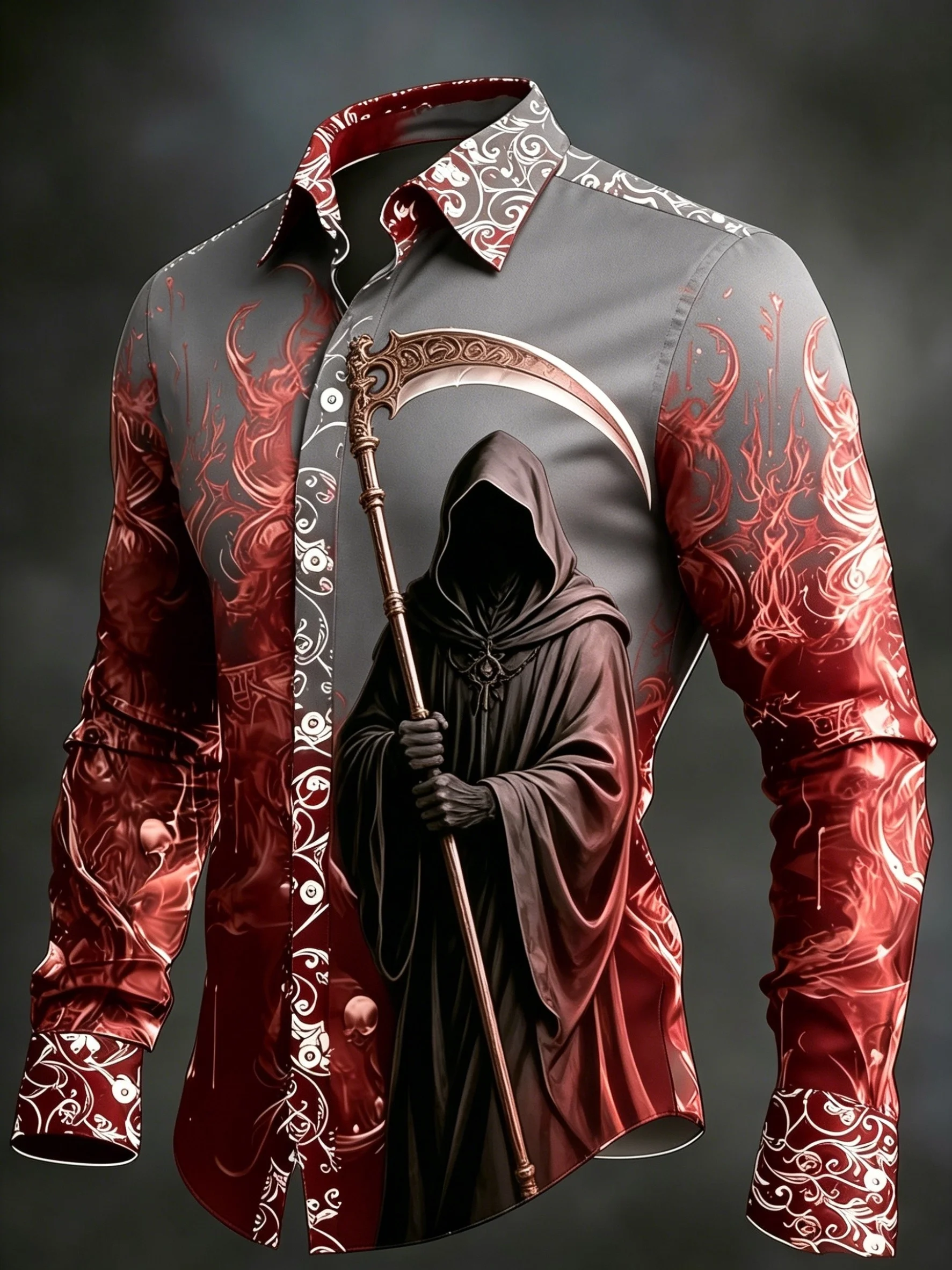 Men Halloween Grim Reaper Long Sleeve Shirt, Yellow Red Gradient Scythe Skull Casual Button Shirt