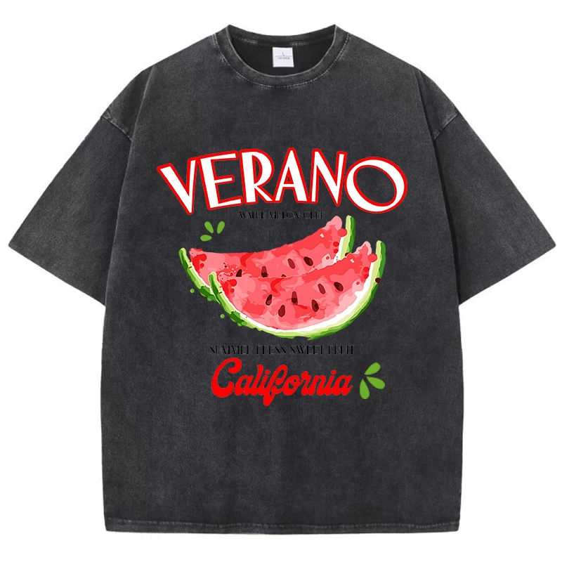 

California Watermelon Printing Washed T-Shirt Womens Cotton T Shirts Comfortable Distressed O-Neck Tops Summer Woman Clothes