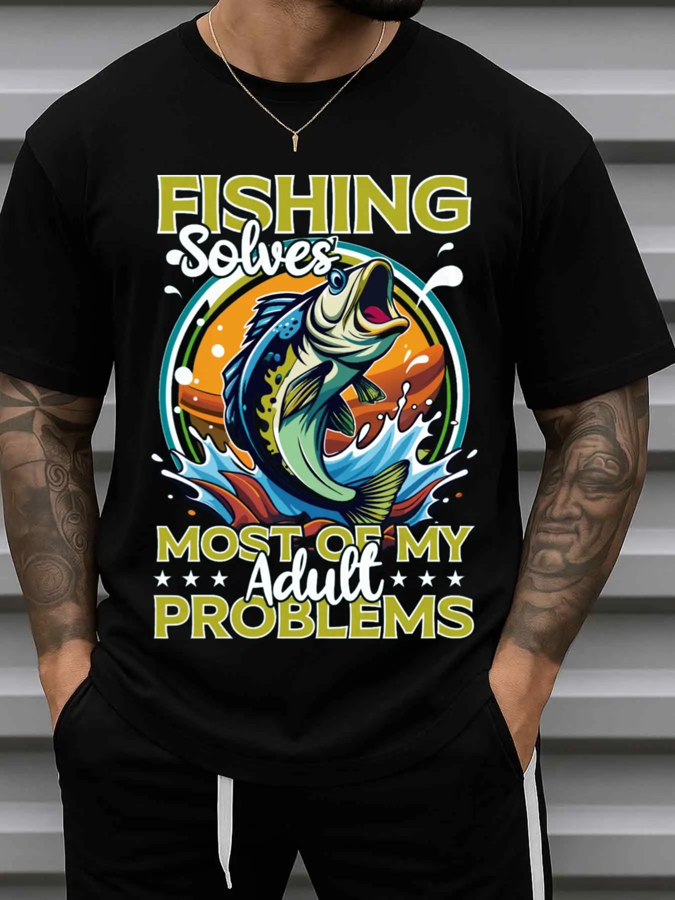 Fishing Answers T-Shirt, Black, Round Neck, Short Sleeves, Casual Fit, Perfect for the Office, Dates, Outings, Summer and Spring, Suitable for All Seasons, Fun New Year Gift