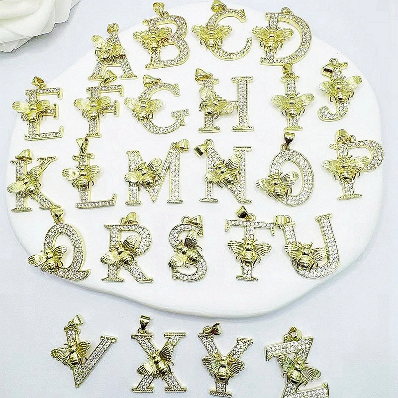 

10Pcs/Luxury Zircon Bee Crystal 26 English Letters Copper Charm Necklaces For For DIY Jewelry