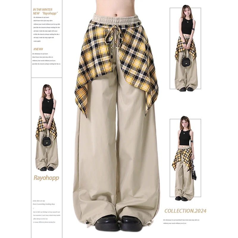 

Женские спортивные штаны в стиле хип-хоп, свободные женские широкие брюки, модные танцевальные брюки с высокой талией и клетчатой юбкой, съемные