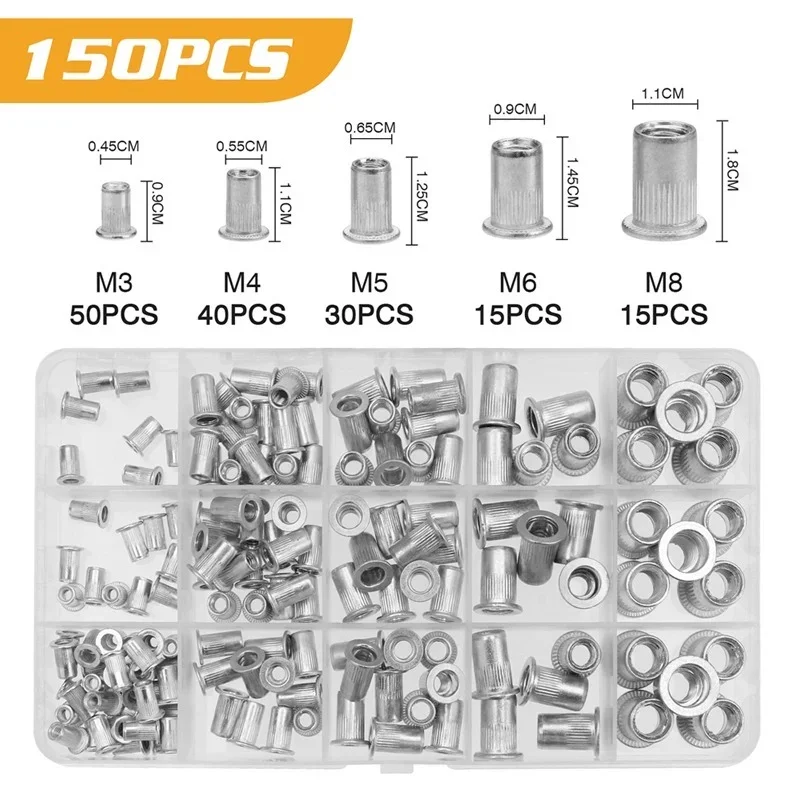 150PCS Rivet Nuts Kit M3/M4/M5/M6/M8 + 1PCS Rivet Nut ปืน + 5PCS Nut Rivet Mandrels Repairtool Rivetgun Flatheadscrew