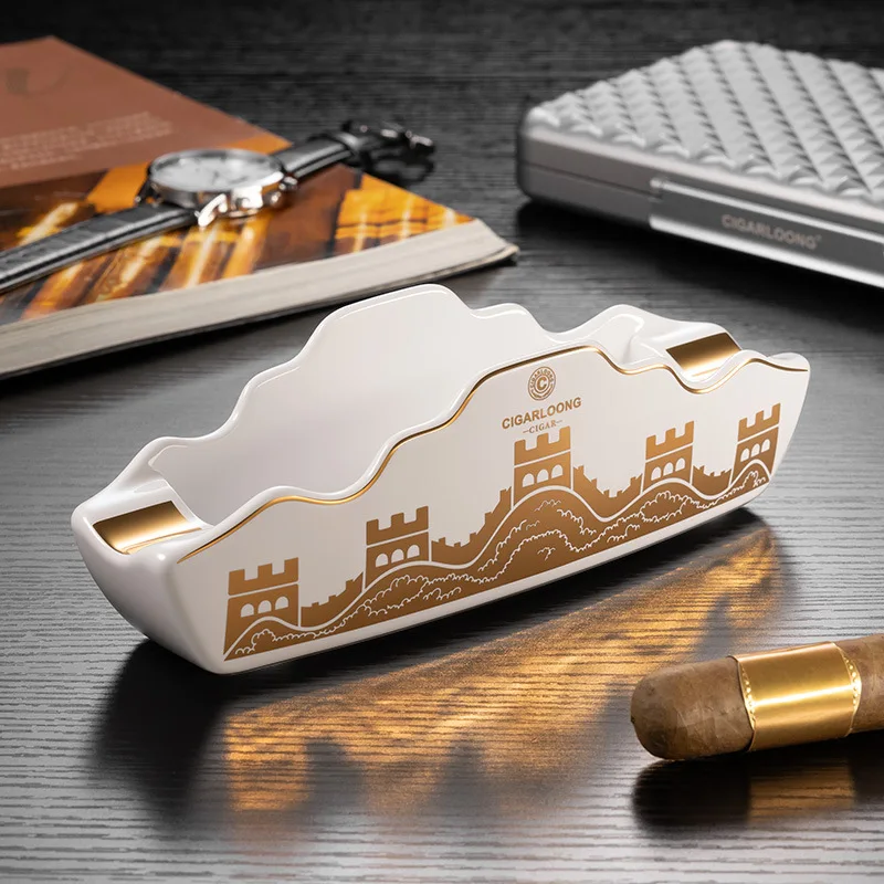 Large Diameter Ceramic Cigar Ashtray with 2-Slot Sailing Design Creative Great Wall Pattern Portable Decorative Base Anti-Slip