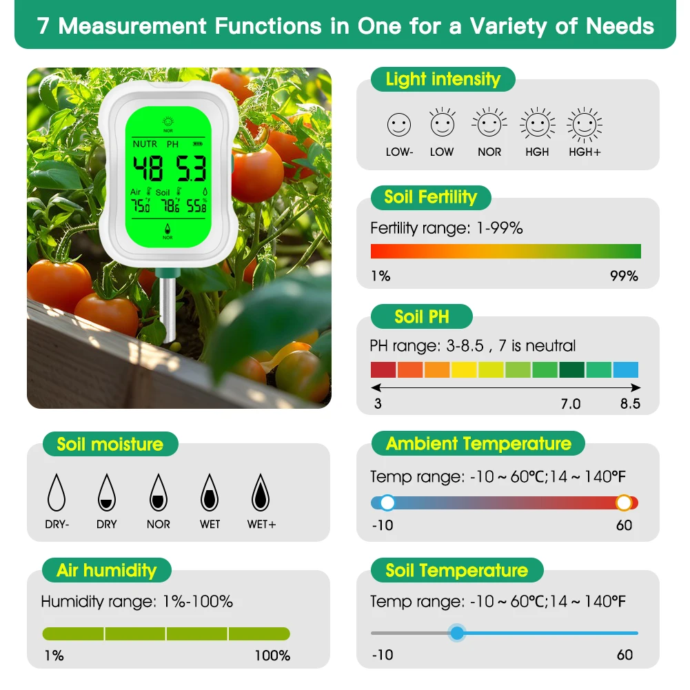 Yieryi 7-in-1 Soil Tester Digital pH Meter, Moisture Temperature Detector, Multifunctional Gardening Tool Soil Fertility Tester