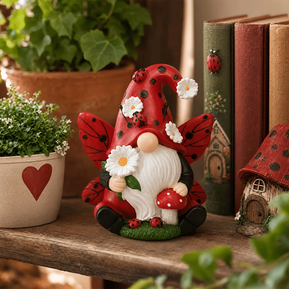 1/2 Piece Cross-Border Mushroom Ladybug Gnome Statue Decorative Ornament for Garden, Yard, Lawn, Outdoor Decoration, Resin Ornament, Perfect for Halloween, Thanksgiving, or Christmas Gifts, Also Suitable as Giveaways, Student Gifts, Birthday Gifts, Holiday Gifts, Classroom Prizes