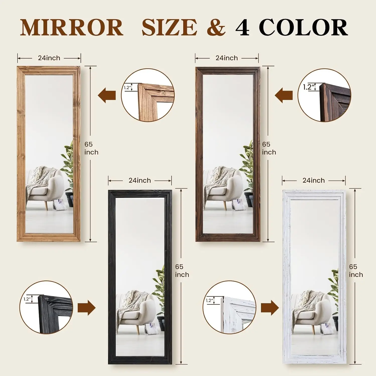 65x24in Full Length Mirror, 3-Tier Stepped Solid Wood Frame, Black | Hanging Or Leaning Wall-Mounted, Large Floor Mirror, Living
