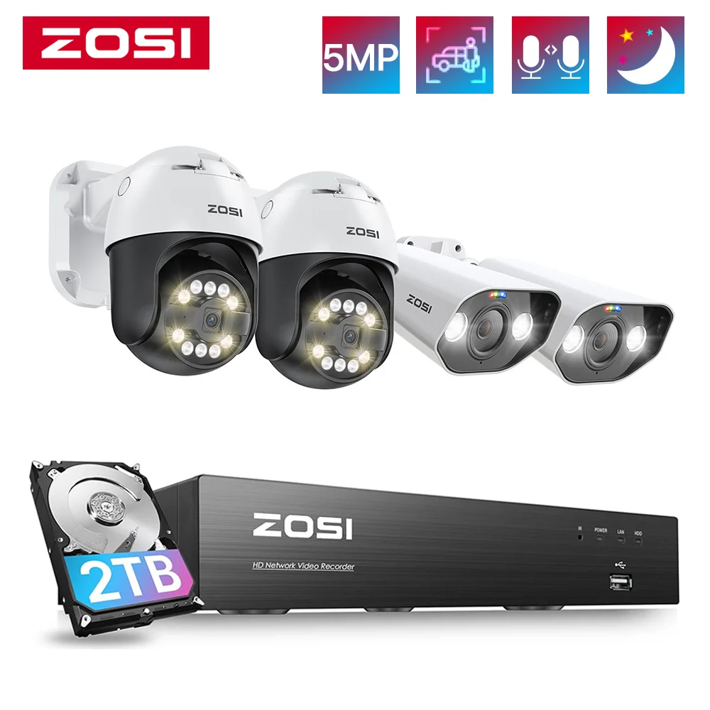 

ZOSI 5MP Video Surveillance Kit AI Face Vehicle Detect 4K 8CH Expand 16CH CCTV NVR 5MP PTZ Bullet PoE Security Camera System