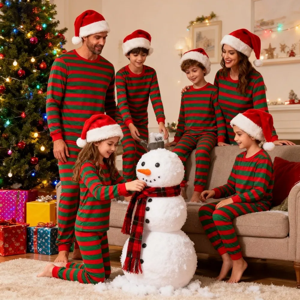 2025 New Family Mathcing Pajamas 2pcs 100% Cotton Sleepwear Suits Men Women Children Casual Comfortable Pyjama Striped Xmas Look