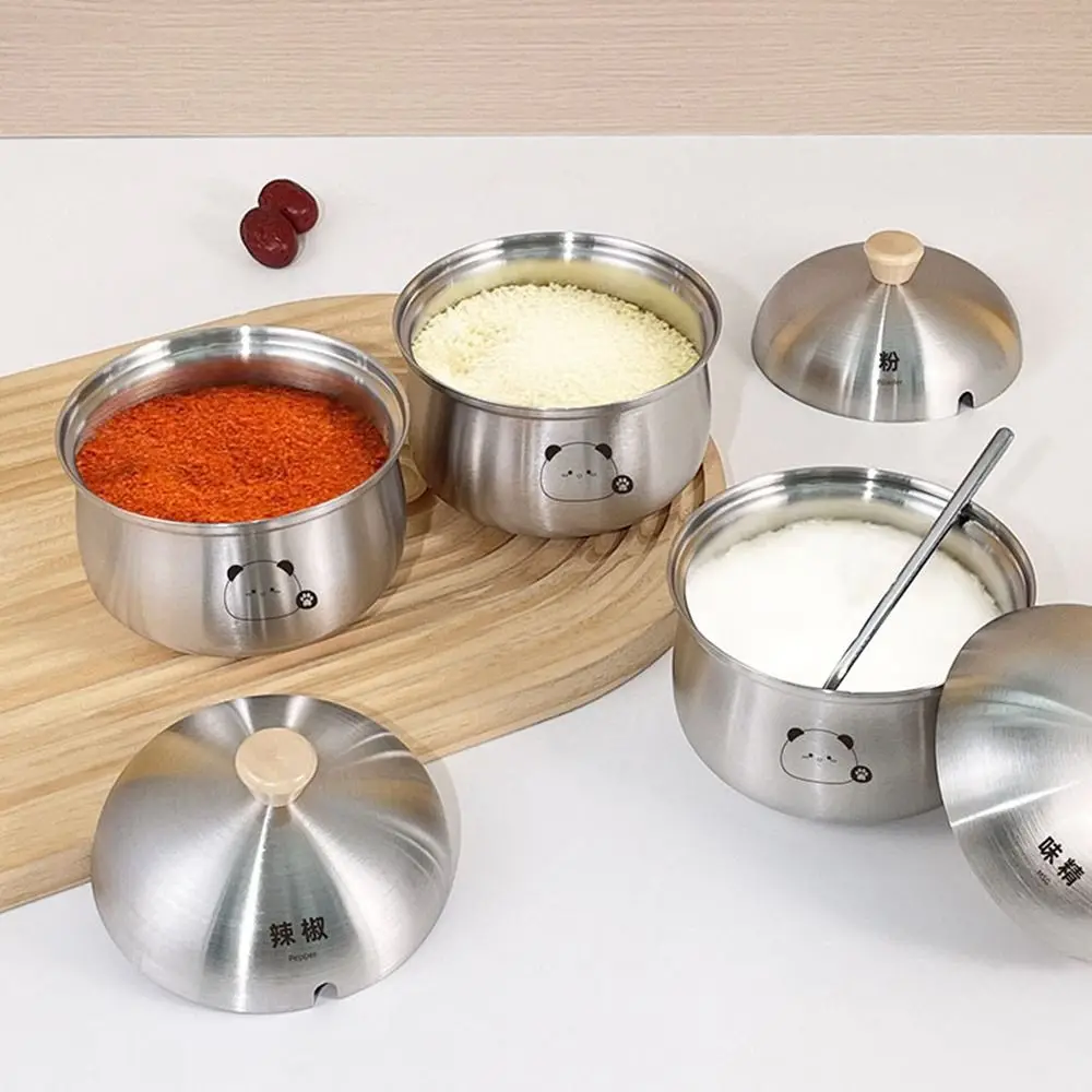 

Silver Stainless Steel Sugar Bowl Large Capacity Dustproof Seasoning Jar with Spoon Lid Waterproof Spice Container for Kitchen
