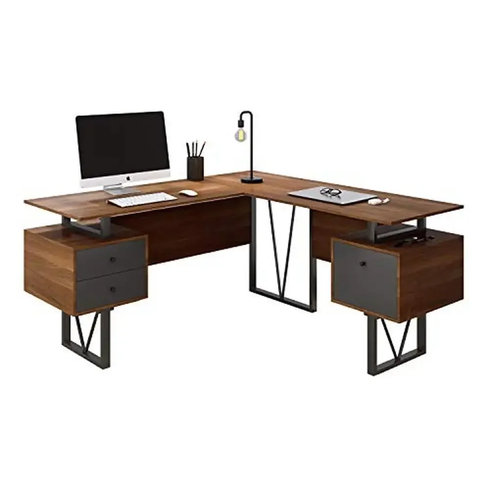 L Shaped Office Desk with File Cabinet and Drawers Modern Reversible 59