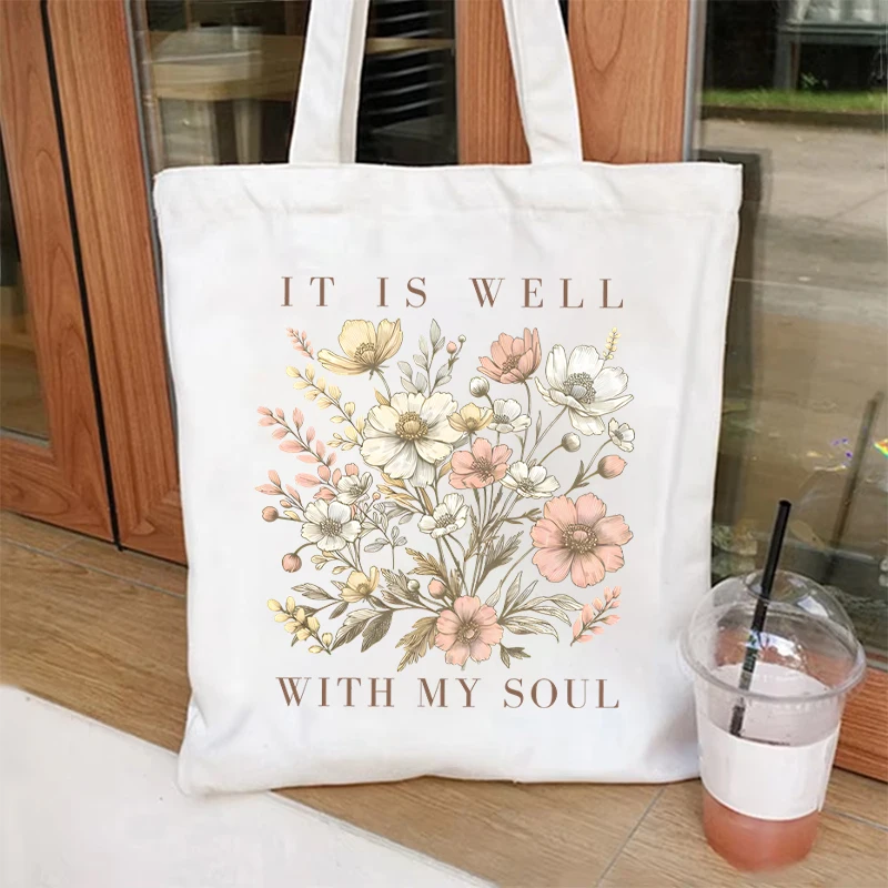 "It Is Well with My Soul" Vintage Floral Printed Pattern Handbag Women Fashion Canvas Shoulder Bag Plant Trend Tote Bags Gifts