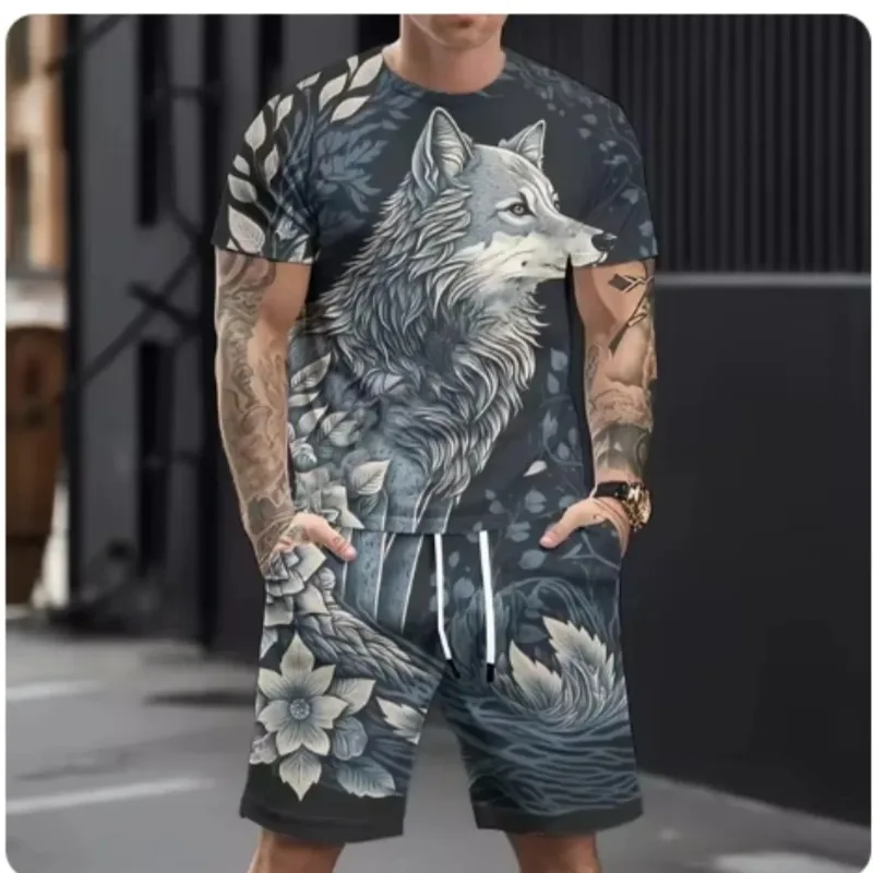2025 Men's Casual 3D Printed Wolf Print Sports Suit Hot Selling Refreshing Style Summer Casual Breathable Ultra Loose