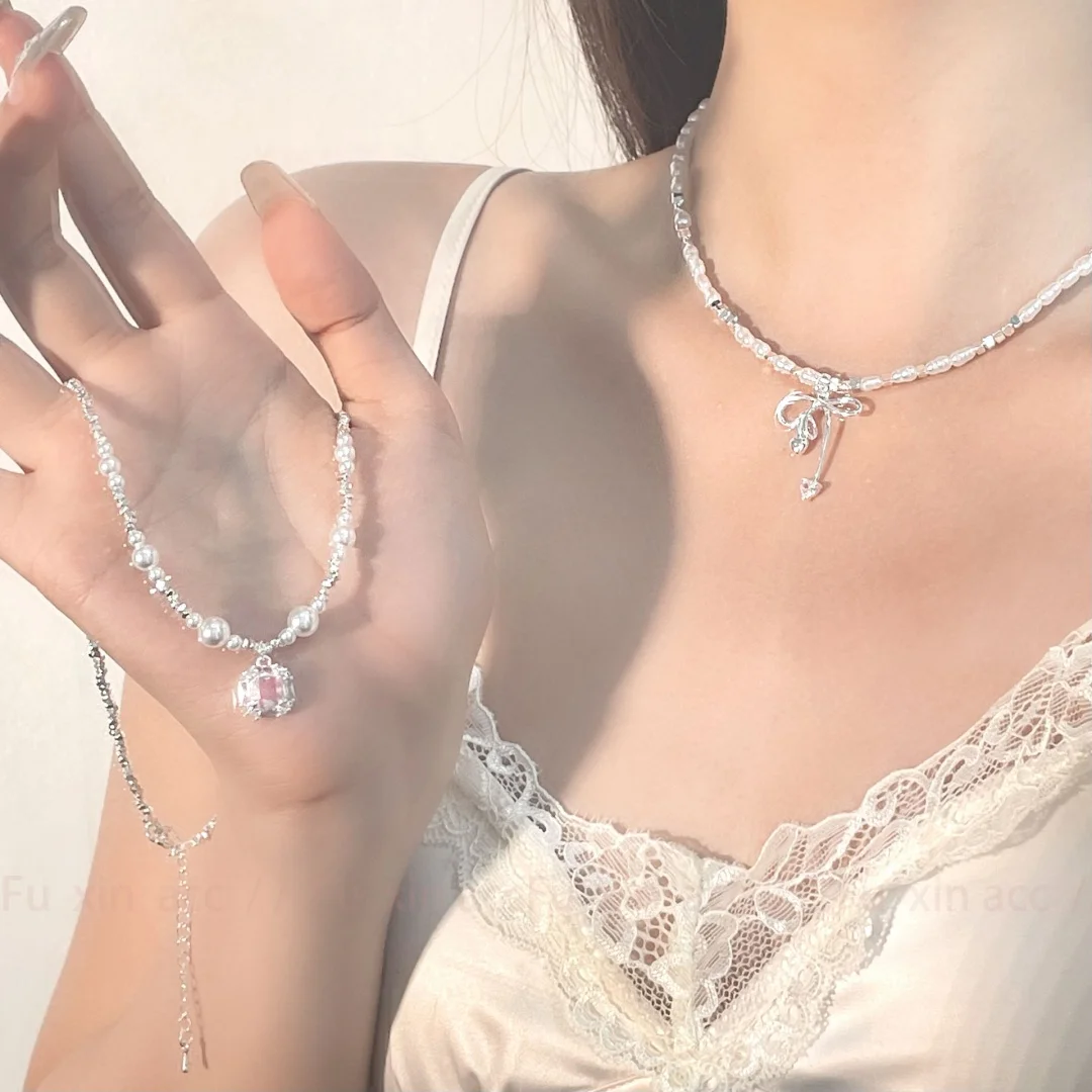 

DUTRIEUX Exquisite Bowknot Diamond Pendant Necklace for Women Minimalism Double Layer Luxury Y2K Style Choker Jewerly Party Gift