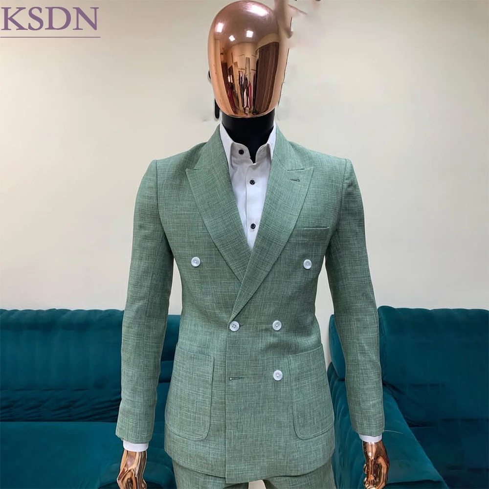 Bespoke Suits For Men Wedding Luxury Double Breasted Peak Lapel Straight 2 Piece Jacket Pants Dinner Full Lined Blazer Terno