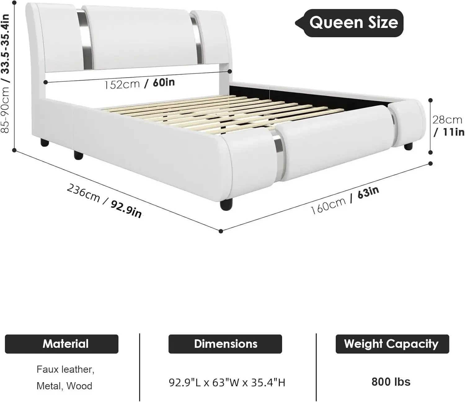 Modern Faux Leather Upholstered Platform Bed Frame , Adjustable Curved Headboard, Wooden Slats Support, Queen Size, White